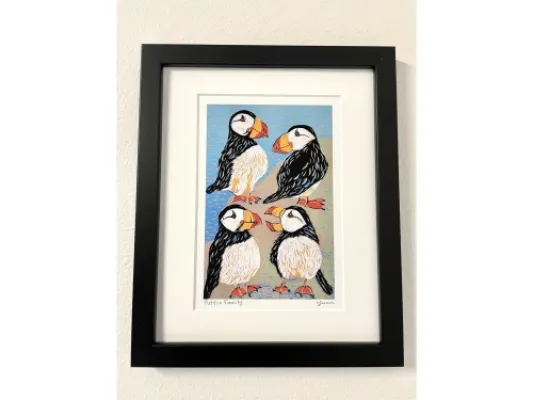 "Puffin Family" Original Woodblock Reduction print by Yumi Kawaguchi