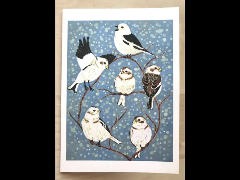 "Snow Bunting" Original Woodblock Reduction print by Yumi Kawaguchi