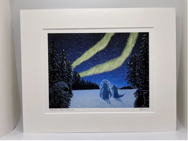 "What's that Pierce" Original Woodblock Reduction print by Yumi Kawaguchi