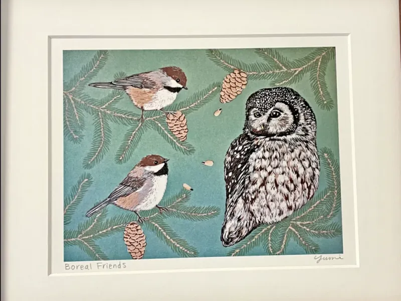 "Boreal Friends" Original Woodblock Reduction print by Yumi Kawaguchi