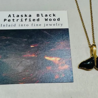 Alaska Black Petrified Wood Whale Tail Pendant Large