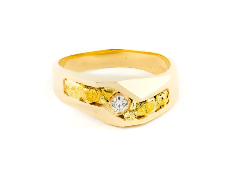 Hand Crafted Gold Nugget Men's Ring With Center Diamond
