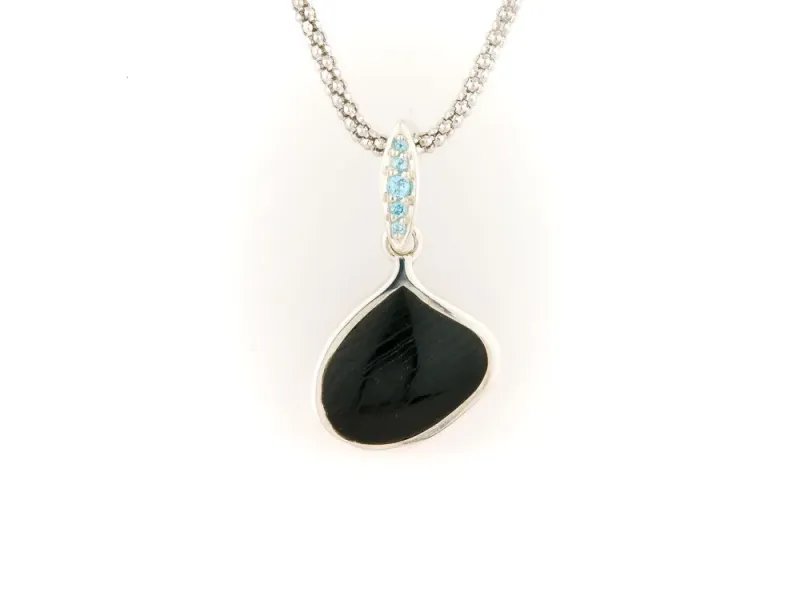 Alaska Black Petrified Wood Small Asymmetrical Pendant With Blue Diamonds