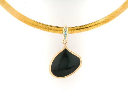 Alaska Black Petrified Wood Asymmetrical Gold Pendant with Blue Diamonds