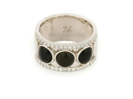 Alaska Black Petrified Wood .38CT Diamond Band Ladies Ring With 3 Circular Inlays