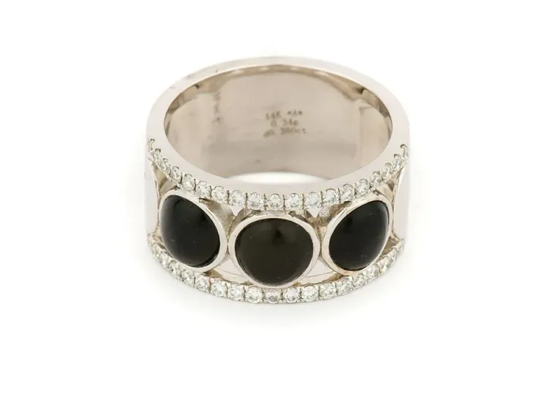 Alaska Black Petrified Wood .38CT Diamond Band Ladies Ring With 3 Circular Inlays