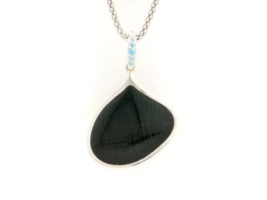 Alaska Black Petrified Wood Large Asymmetrical Pendant With Blue Diamonds
