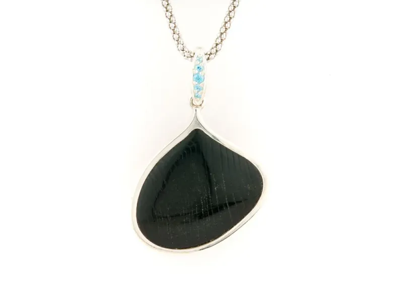 Alaska Black Petrified Wood Large Asymmetrical Pendant With Blue Diamonds