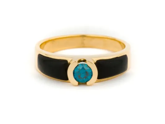 Alaska Black Petrified Wood Ladies Ring With Center Blue Diamond