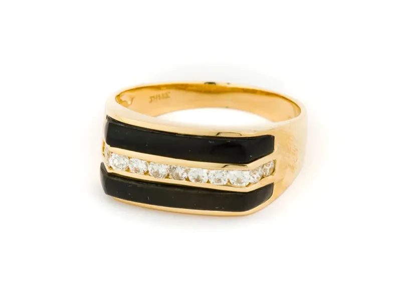 Alaska Black Petrified Wood Double Diamond Band Men's Ring