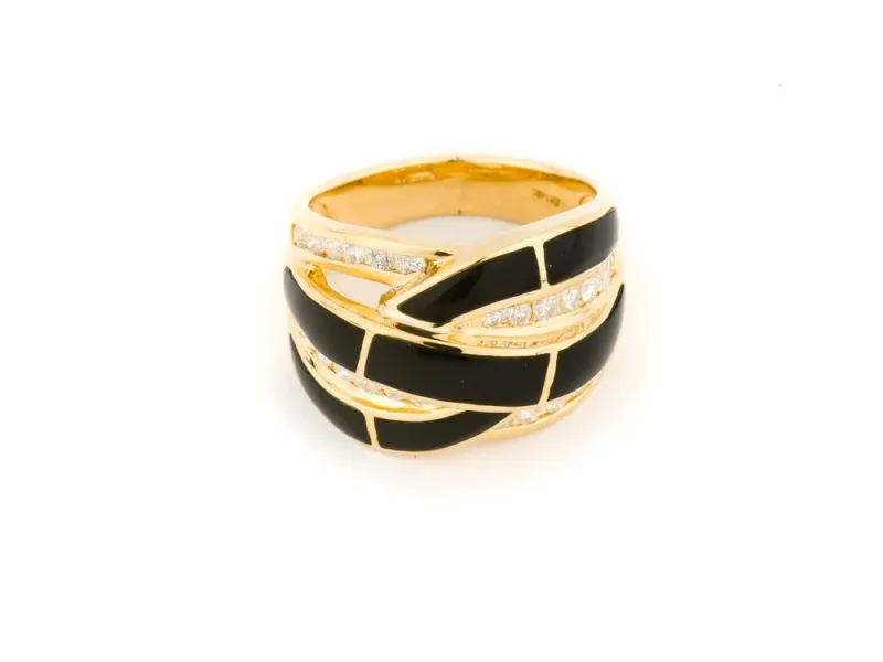 Alaska Black Petrified Wood Woven Ladies Ring With White Diamonds