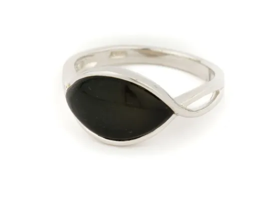 Alaska Black Petrified Wood Symmetric Lens Shaped Ladies Ring
