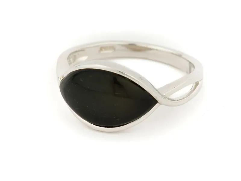 Alaska Black Petrified Wood Symmetric Lens Shaped Ladies Ring