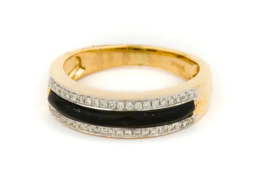 Alaska Black Petrified Wood Men's Ring With Dual White Diamond Inlay Border