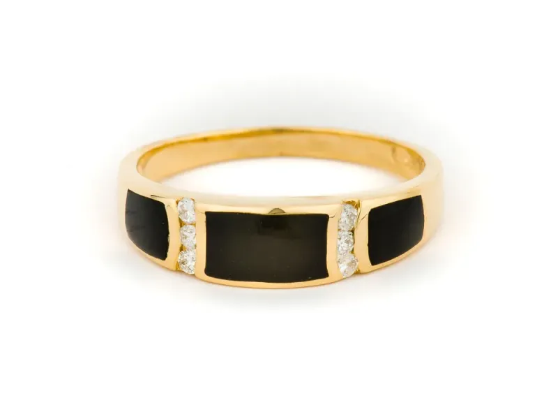 Alaska Black Petrified Wood Triple Inlay Separated by White Diamond Ring