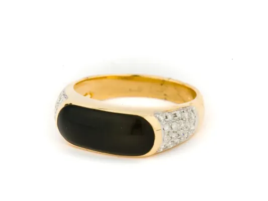 Alaska Black Petrified Wood Oval Inlay Ladies Ring With Side Diamonds