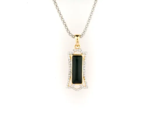 Alaska Black Petrified Wood Elegant Pendant With White Diamond Border