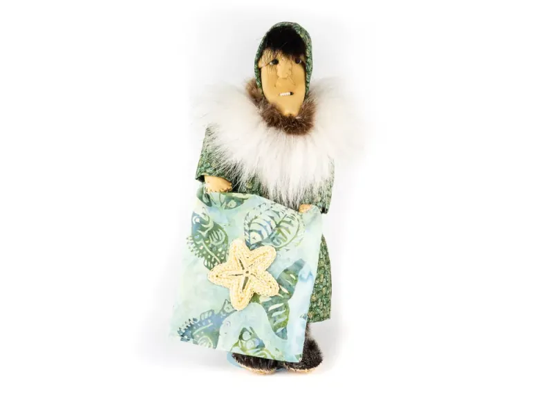 Eskimo Doll With Blanket In Green Dress With Polar Bear Fur Collar & Sealskin Botties